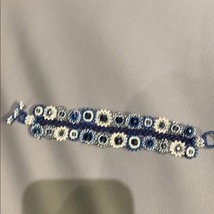 Hand beaded bracelet in blues and whites